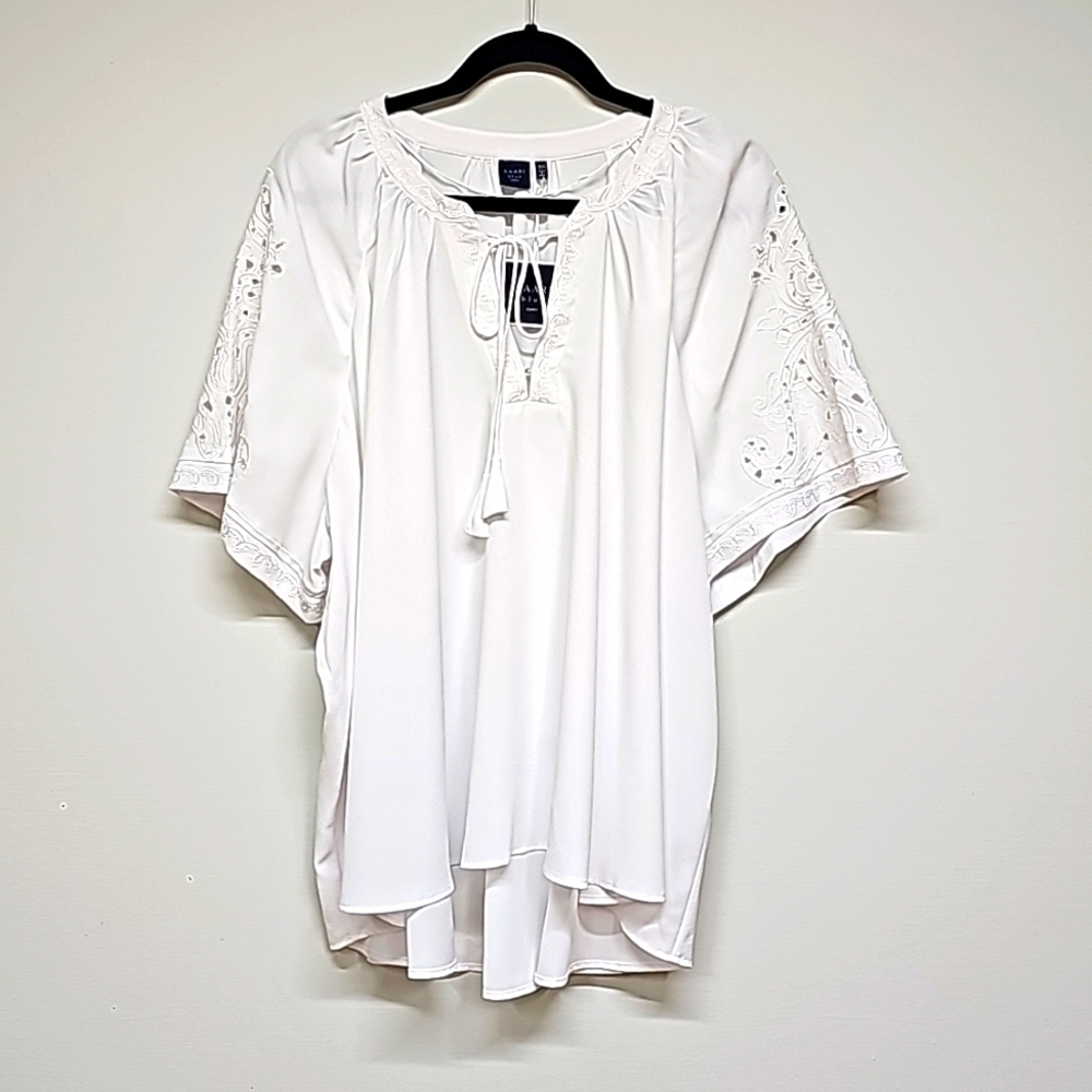 KAARI Blue, Embroidered Top, Cutout Sleeves, Tie V-neck, White, 3X